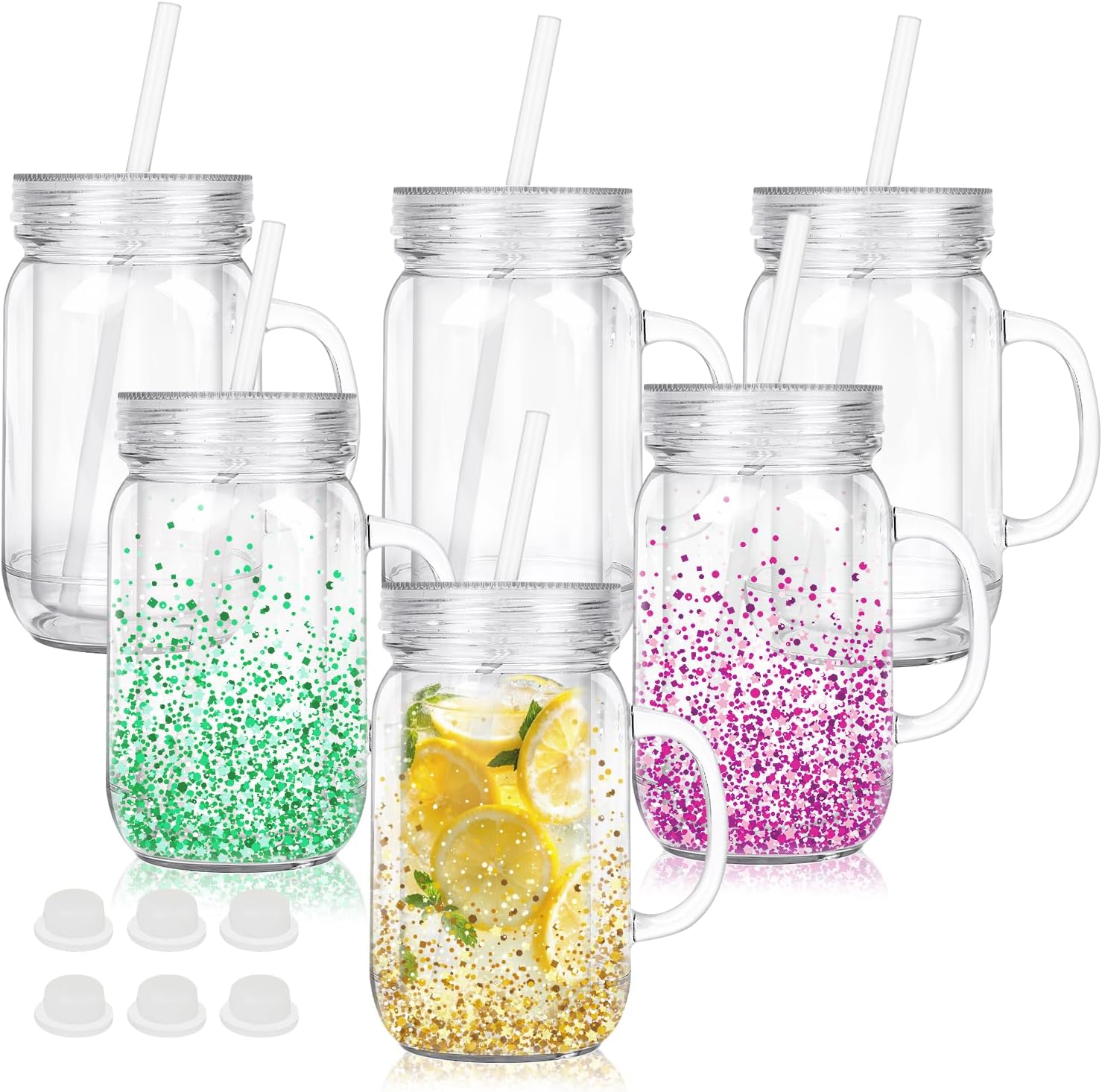 24 Oz Plastic Snow Globe Tumbler Mason Jars with Handle